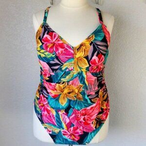 Kona Sol 22W  One Piece Swimsuit Tropical Floral Shelf Bra Fully Lined